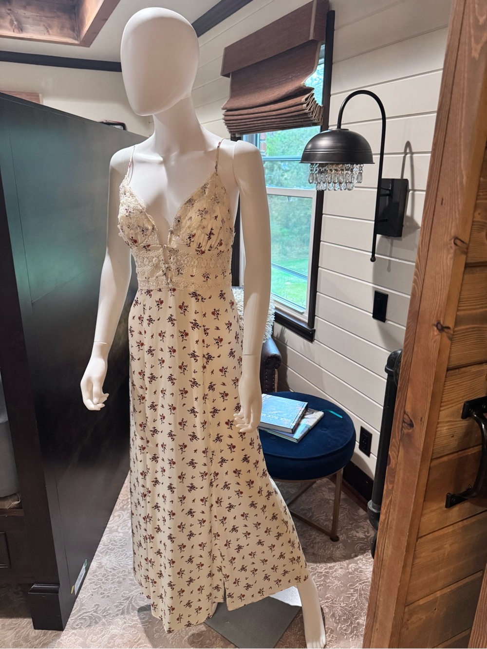 Free People Cream Floral Lace-Trim Maxi Dress